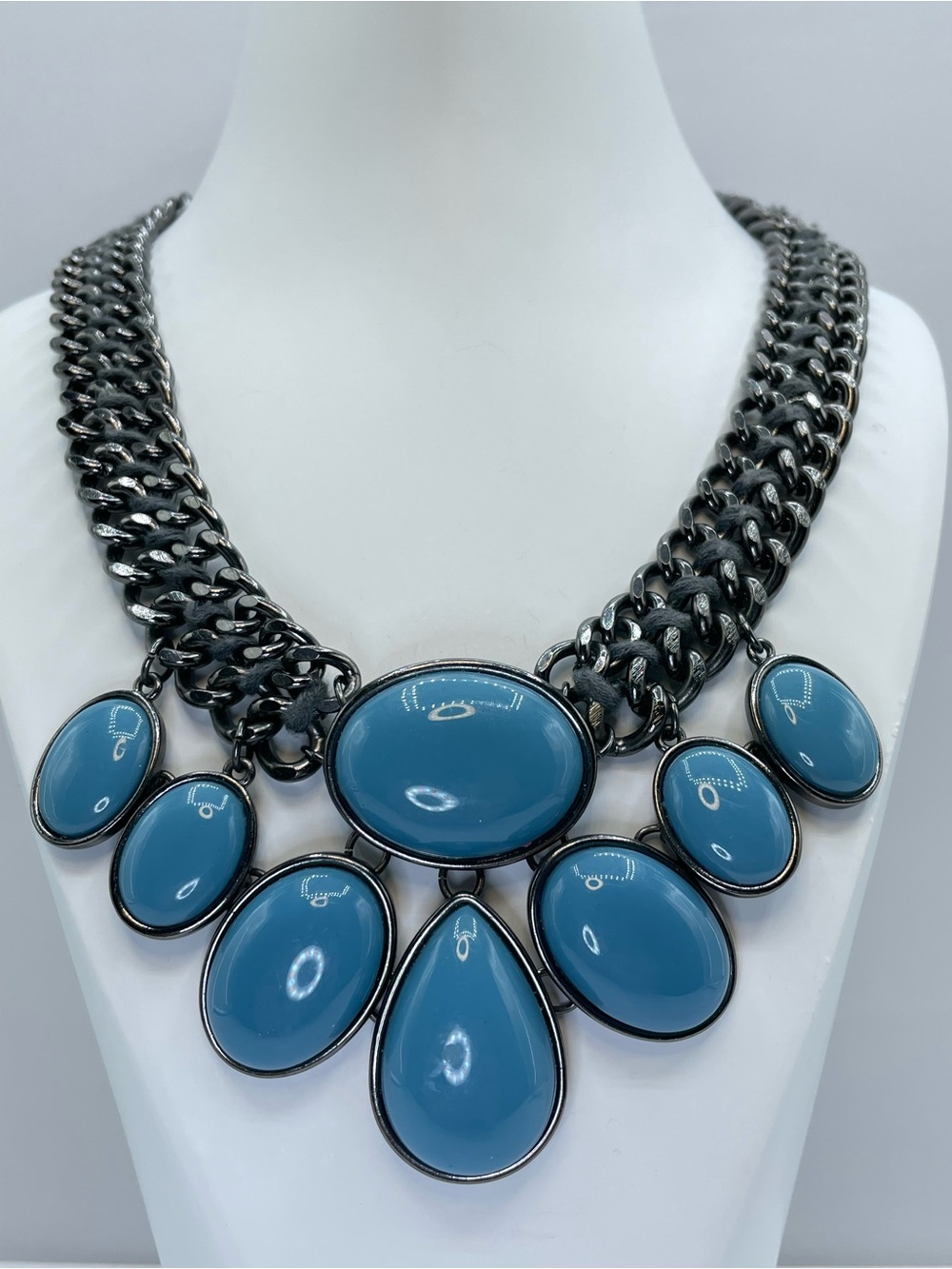 Blue Cabochon Statement Necklace Gunmetal Chunky Chain Bib Boho Jewelry